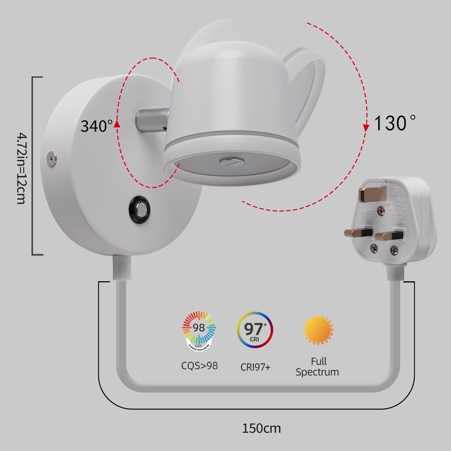White outdoor light fixture with plug, dimensions, and color quality indicators on a gray background