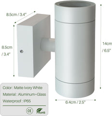 White outdoor wall light fixture with dimensions and material details on a white background