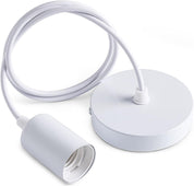 White pendant light fixture with flexible cable on a white background