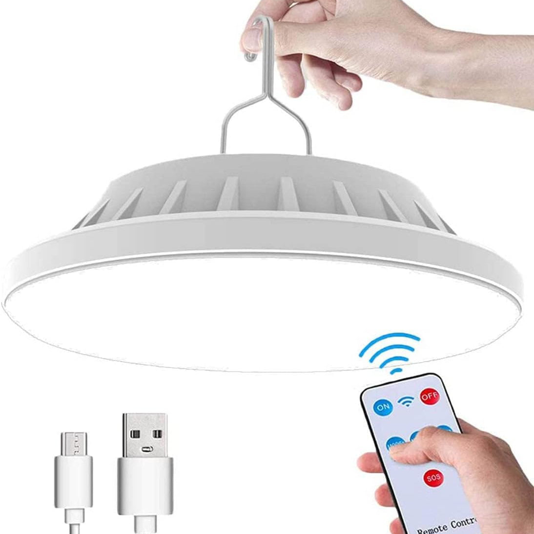 White pendant light with remote control and charging cables on a white background