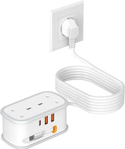 White power strip with multiple outlets and USB ports on a white background