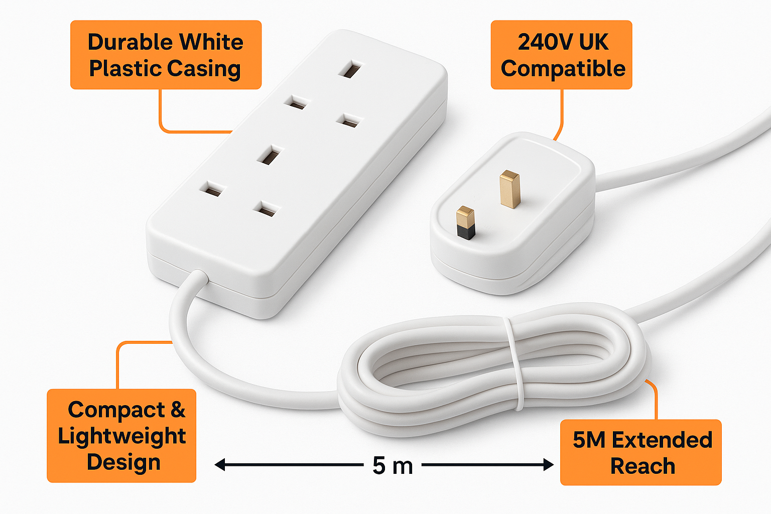 Labelled Plug Socket 2 Gang UK Extension Lead 5 Metre Cable, Double Plug Socket Power Strip ...