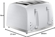 White toaster with dimensions labeled on a white background