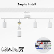 White track light fixture with components and installation icons on a white background