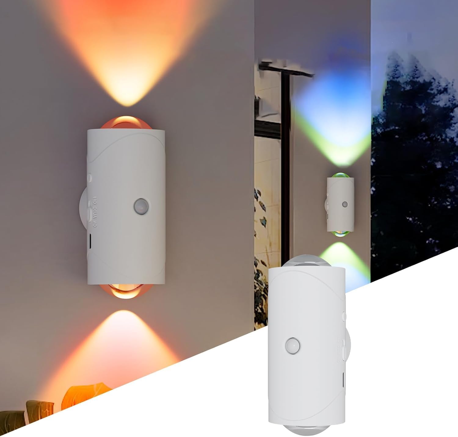 White wall-mounted light fixtures with colorful lights on a gradient background