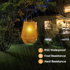 Wicker lantern hanging outdoors with rain, featuring IP65 waterproof, frost resistance, and heat resistance text.