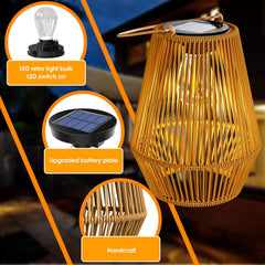Wicker lantern with LED light bulb, solar panel, and handcrafted details on a blurred background