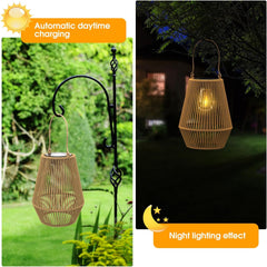 Wicker lanterns with automatic daytime charging and night lighting effect in a garden setting.