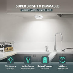 Wireless motion sensor light fixture in a kitchen setting with features highlighted.