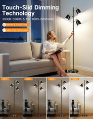 Woman adjusting a floor lamp in a living room with touch-slit dimming technology display.