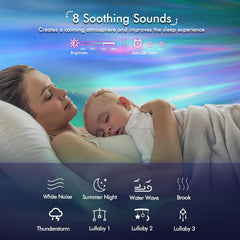 Woman and baby lying down with soothing sounds features displayed