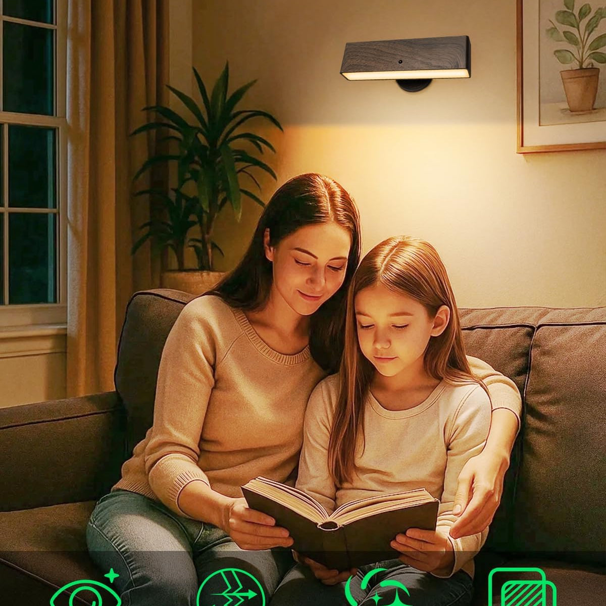 Woman and child reading a book together with a Premium LED Reading Light above them.