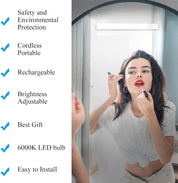 Woman applying makeup in a mirror with LED light features listed on the left.