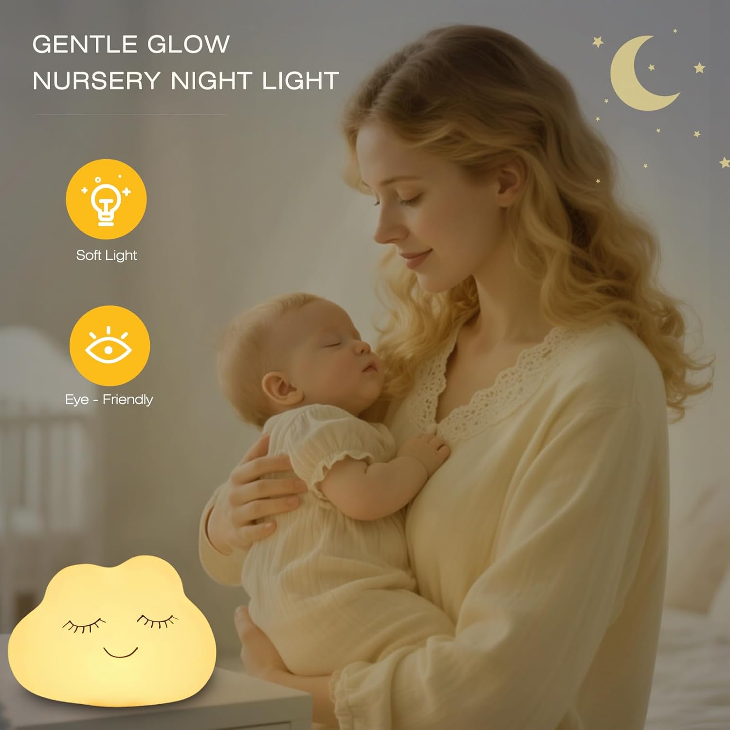 Woman holding a baby with a cloud-shaped night light in a nursery setting