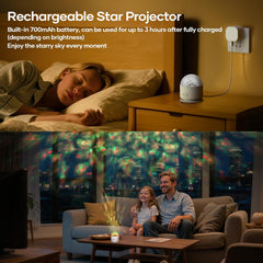 Woman lying in bed with a rechargeable star projector on a nightstand, and a family sitting on a couch with starry sky projection.
