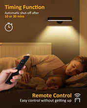 Woman lying in bed with a remote control, featuring a wall-mounted light and text about timing function and remote control.