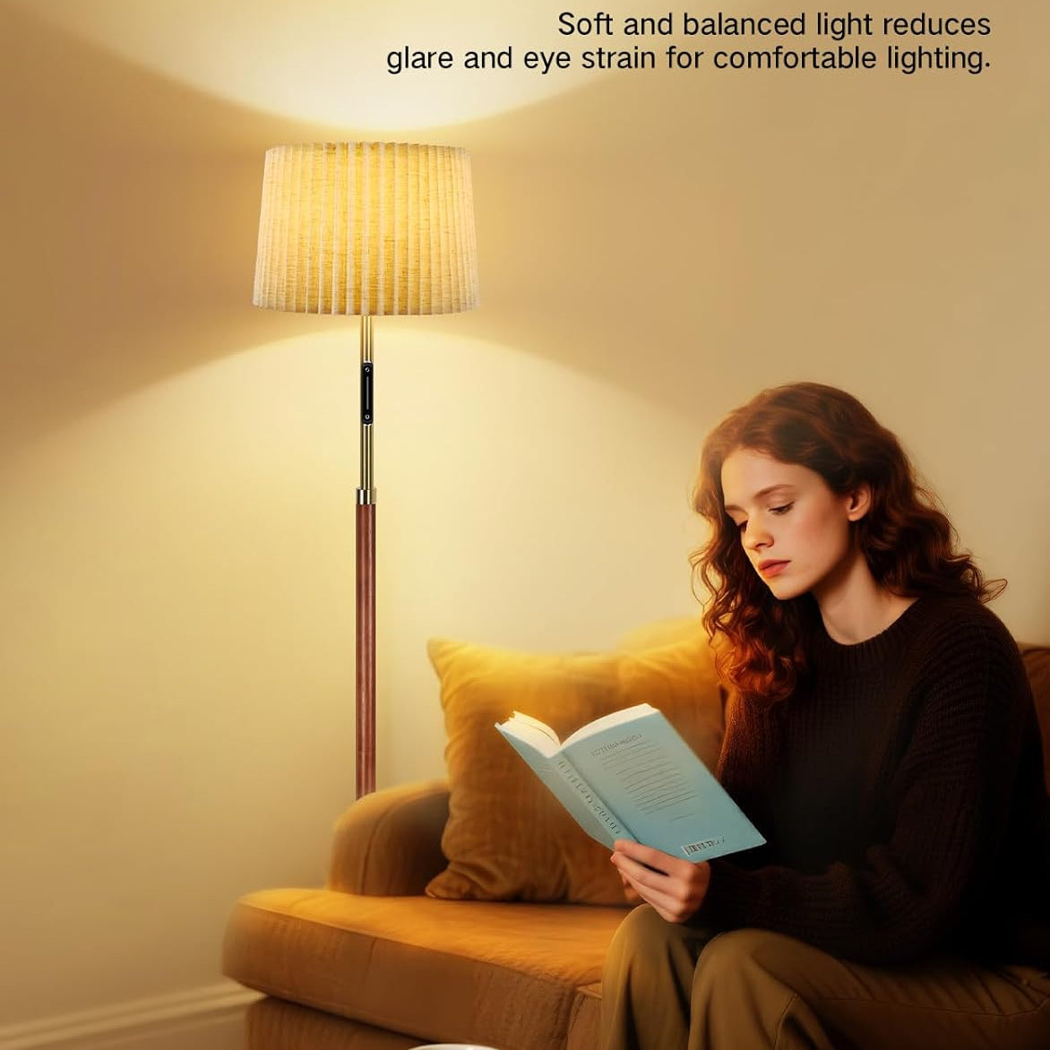 Woman reading a book in a cozy living room with a floor lamp labeled 'Eye Caring Light'.