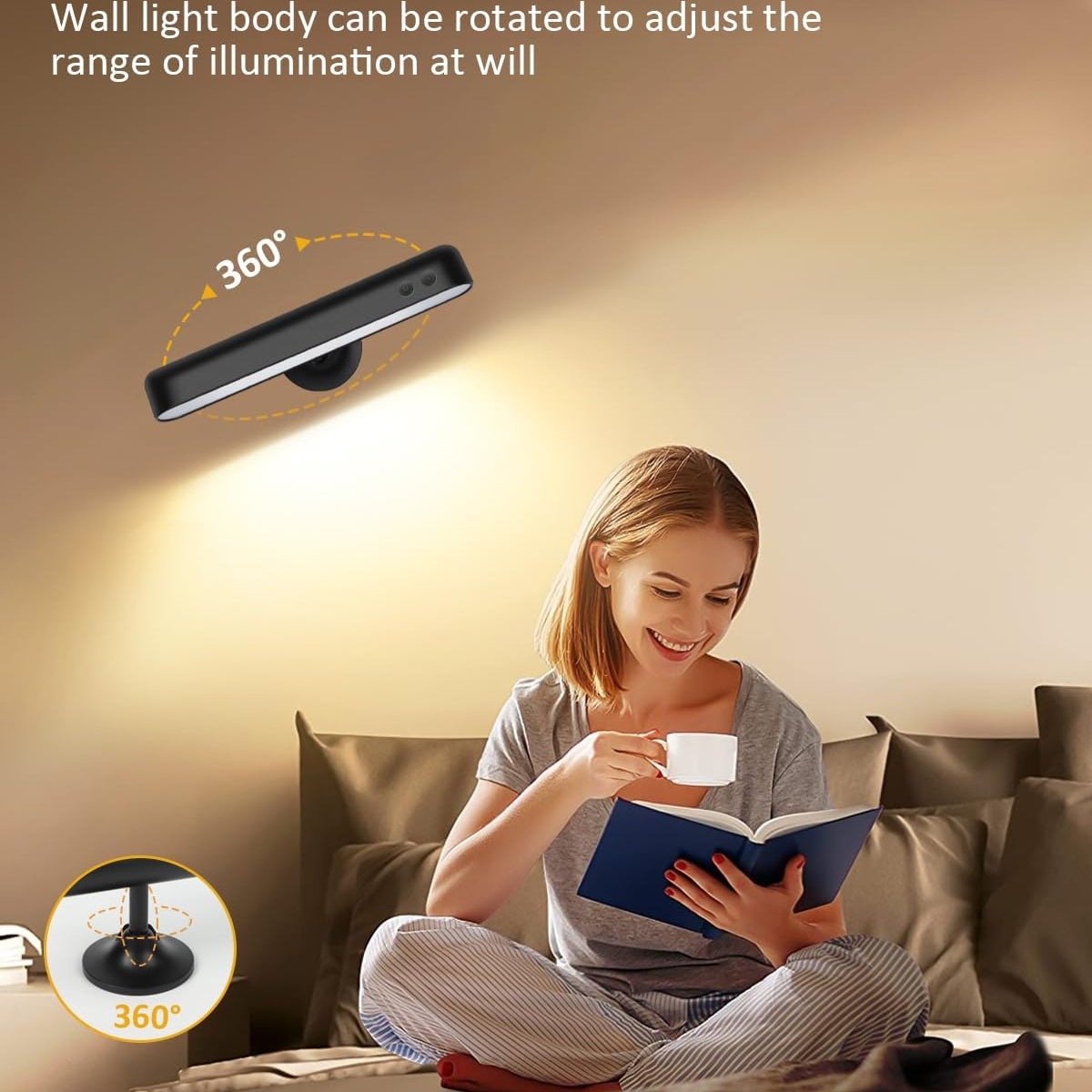 Woman reading a book with a wall light above her, highlighting 360-degree light direction adjustment feature.