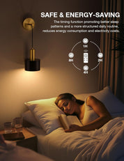 Woman reading in bed with a nightlight and energy-saving display on the wall.