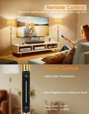 Woman sitting on a couch adjusting lighting with a remote control in a living room setting.