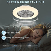 Woman sleeping with a ceiling fan light above her, featuring silent and timing features.