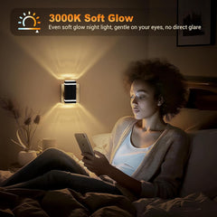 Woman using a smartphone in a dimly lit room with a wall light labeled '3000K Soft Glow'.