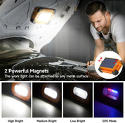 Work light with magnets attached to a car hood, showing different brightness modes.