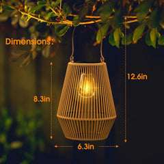 Woven lantern with dimensions labeled, hanging among leaves.