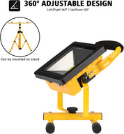 Yellow and black adjustable work light with 360-degree rotation feature on a white background.