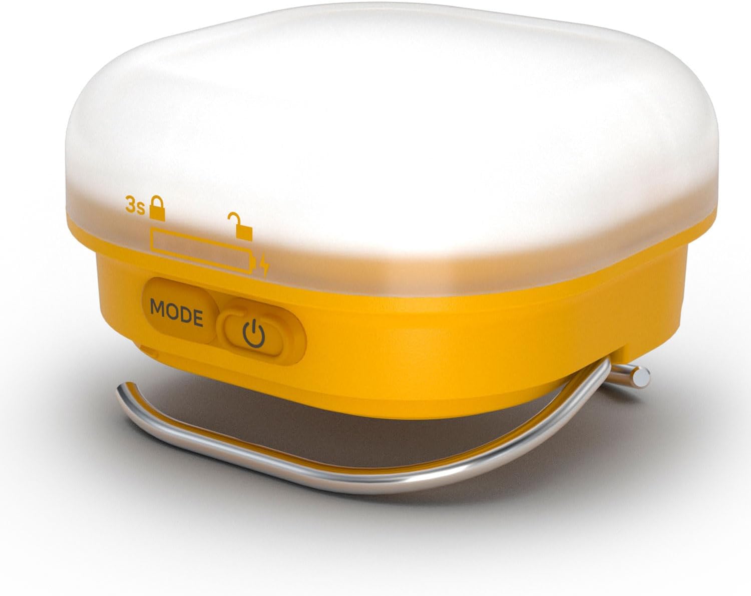 Yellow and white device with a mode button on a white background
