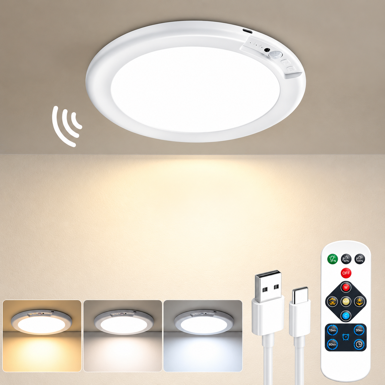 Rechargeable Motion Sensor Light with Remote Control – Magnetic Wireless LED Ceiling & Wall Light, Battery Powered PIR Sensor Lamp for Shed, Loft, Bathroom, Garage & Hallway