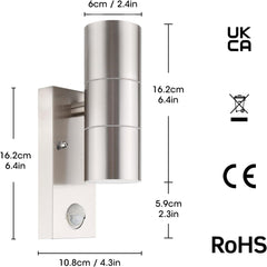 Stainless Steel Up Down Motion Sensor Wall Lights with PIR Sensor, Mains Power Wall Lamp