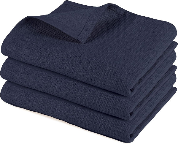 Pagnanno Hotel Quality Waffle Weave Tea Towels – 100% Cotton, Fast Drying, Pack of 3, Navy 45x70cm