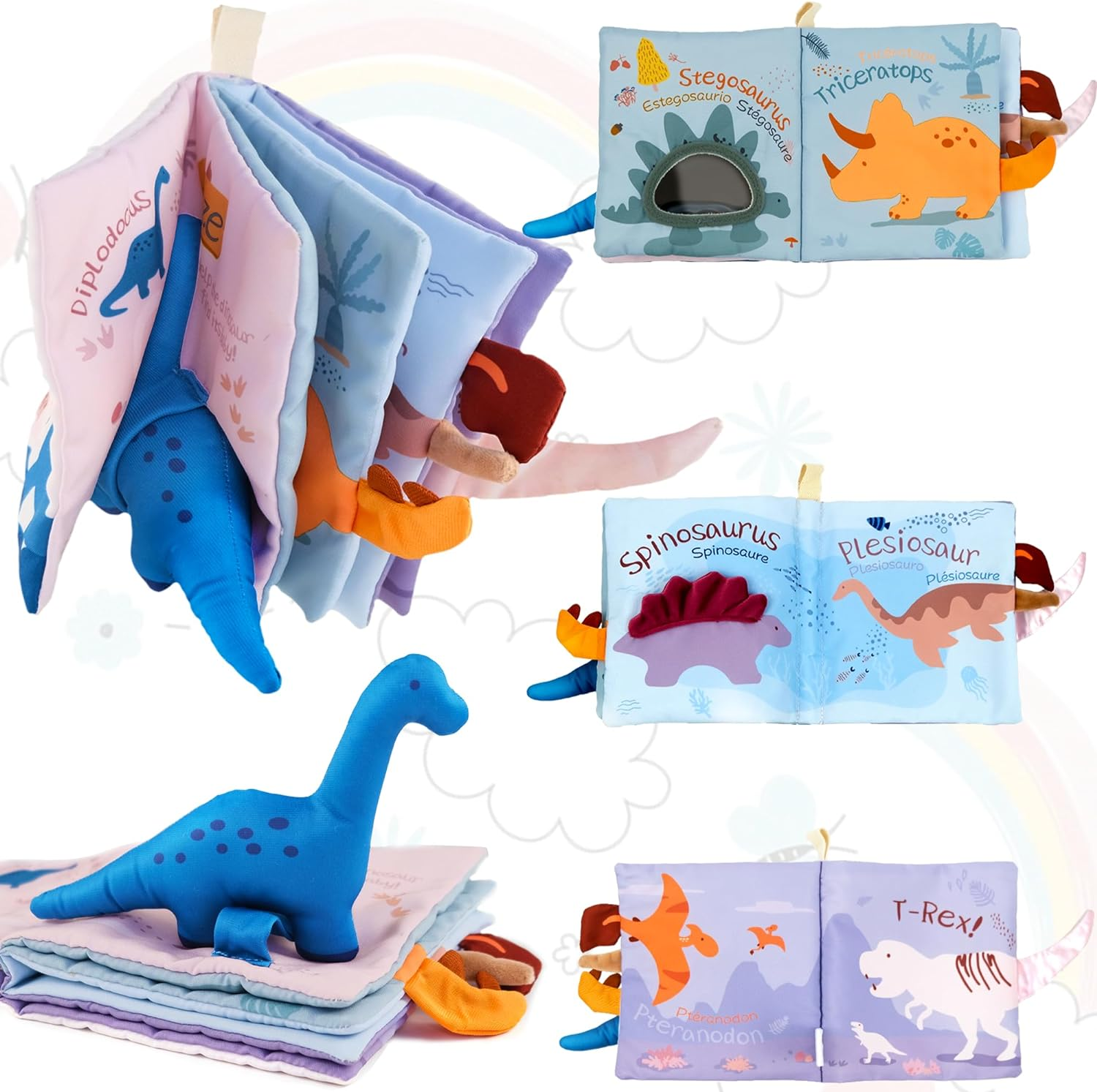 Richgv Soft Baby Books – Sensory Crinkle Toy with Mirror, Dinosaur & Hanging Stroller Gift
