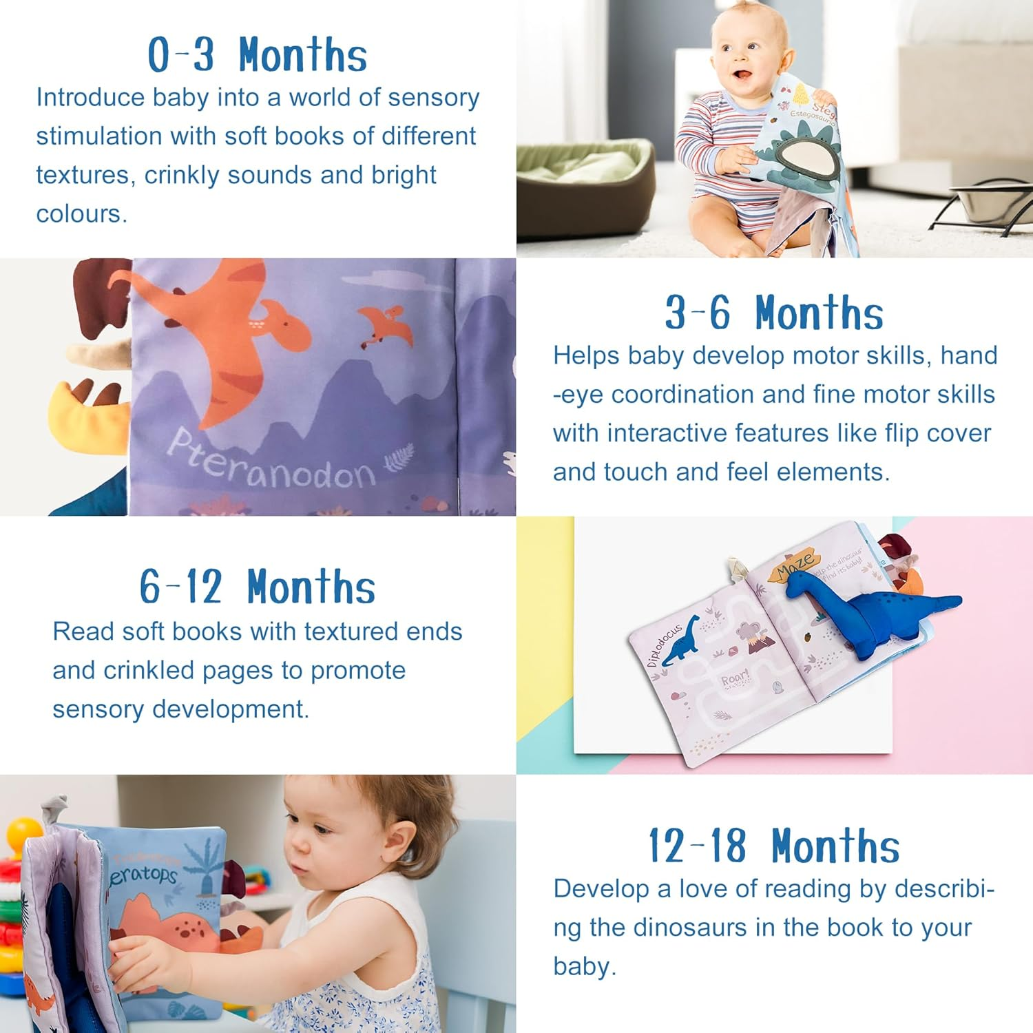 Richgv Soft Baby Books – Sensory Crinkle Toy with Mirror, Dinosaur & Hanging Stroller Gift