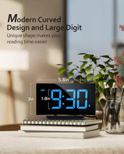 Modern Curved Digital Alarm Clock – Blue LED Display, Snooze, 6 Brightness Levels