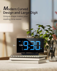Modern Curved Digital Alarm Clock – Blue LED Display, Snooze, 6 Brightness Levels