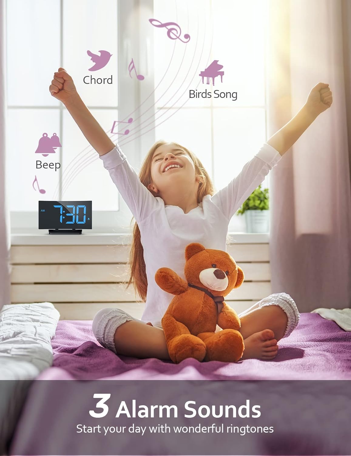 Modern Curved Digital Alarm Clock – Blue LED Display, Snooze, 6 Brightness Levels