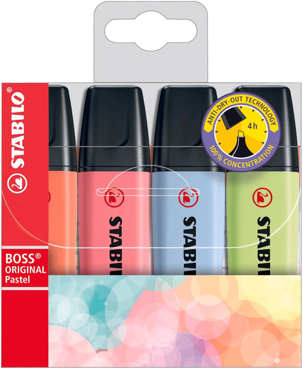 ORIGINAL Pastel Highlighters, Pack of 4 – Coral Red, Cherry Pink, Blue & Lime