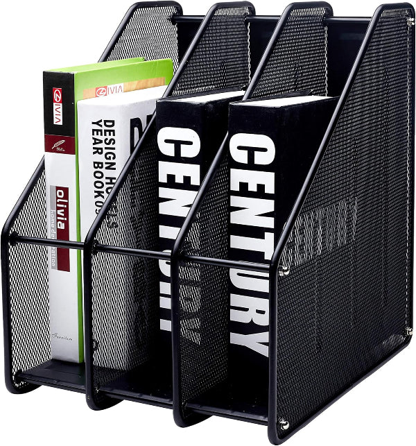Mesh Metal Magazine Holder Triple Rack – 3 Vertical Compartments for Files & Folders