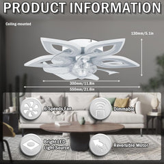 Modern Ceiling Fan with Lights – 55cm Dimmable LED Flush Mount Ceiling Fan with Remote, 6 Speeds, Quiet Bedroom & Living Room