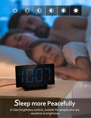 Modern Curved Digital Alarm Clock – Blue LED Display, Snooze, 6 Brightness Levels