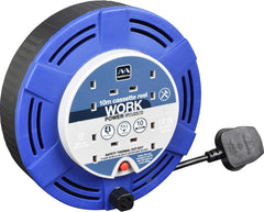 4-Socket Retractable Extension Lead Reel, 10M Cable, Thermal Cut-Out, Blue/Black