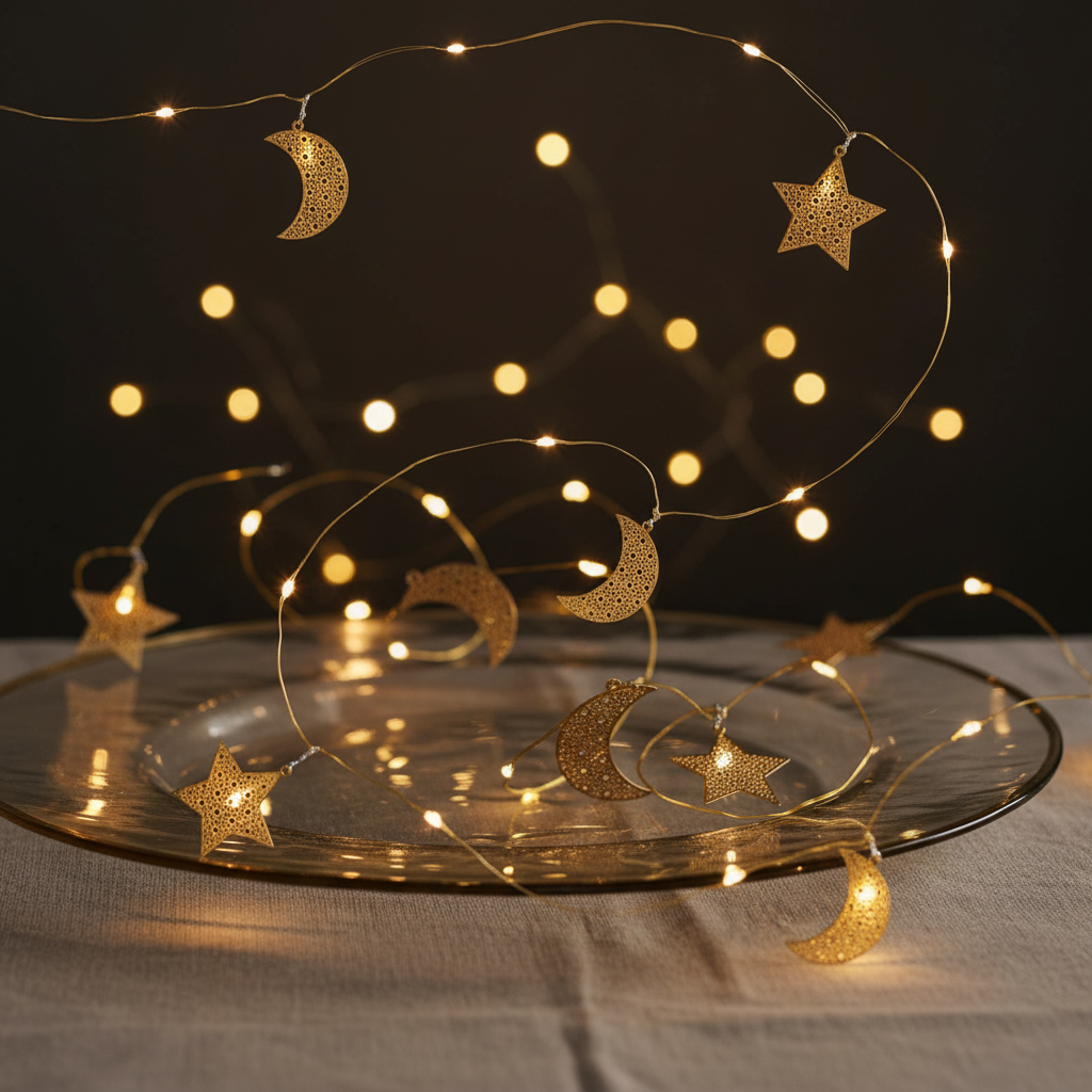 Filigree Gold Moon & Star Ramadan String Lights – 20 Warm White LEDs, Battery Operated with Timer, 1.9m Indoor Decor