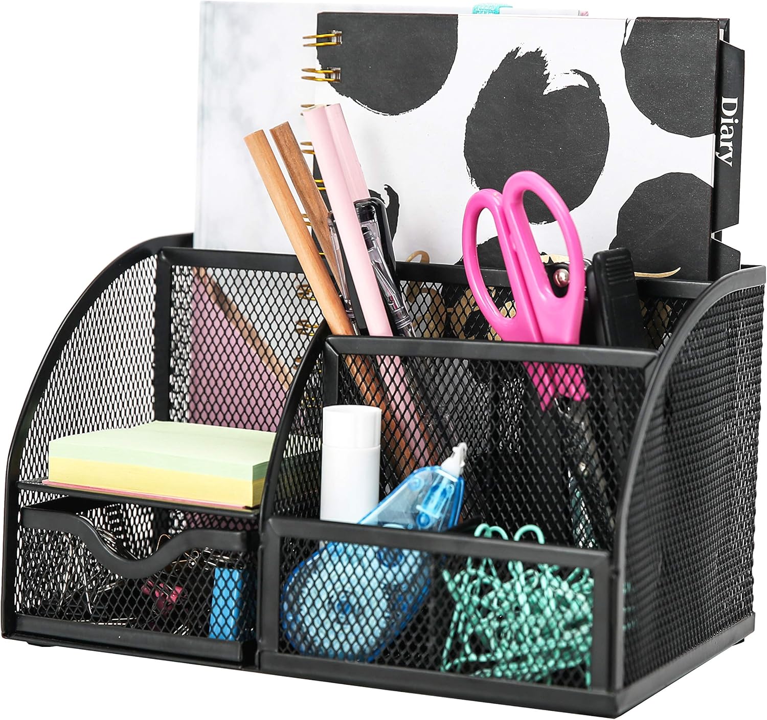 7-Compartment Mesh Desk Organizer Caddy – Multifunctional Pencil Holder, Black