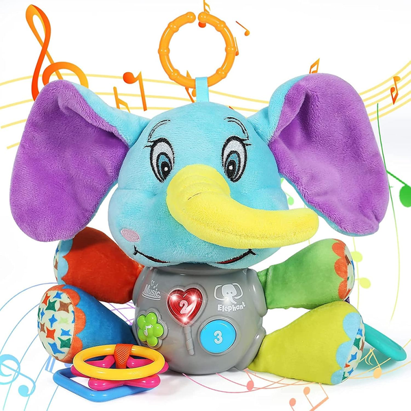 Multifunctional Luminous Plush Elephant – Musical Teething Toy with 12 Songs for Cribs, Strollers & Car Seats