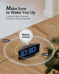 Modern Curved Digital Alarm Clock – Blue LED Display, Snooze, 6 Brightness Levels