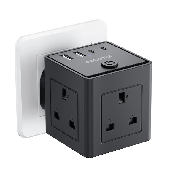 3-Way Plug Extension Socket with 4 USB Ports, 13A 3250W Multi Plug Adapter
