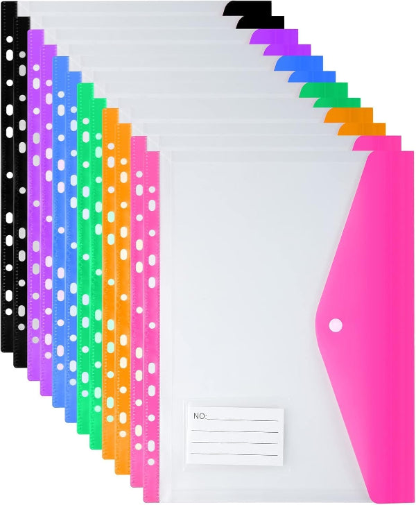 A4 Plastic Wallets, 12pcs Assorted Colours Punched File Folders with Label Pocket
