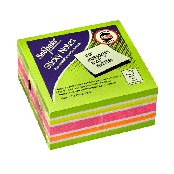 Neon Sticky Notes Cube – 450 Sheets 76x76mm, Bright Assorted Colours